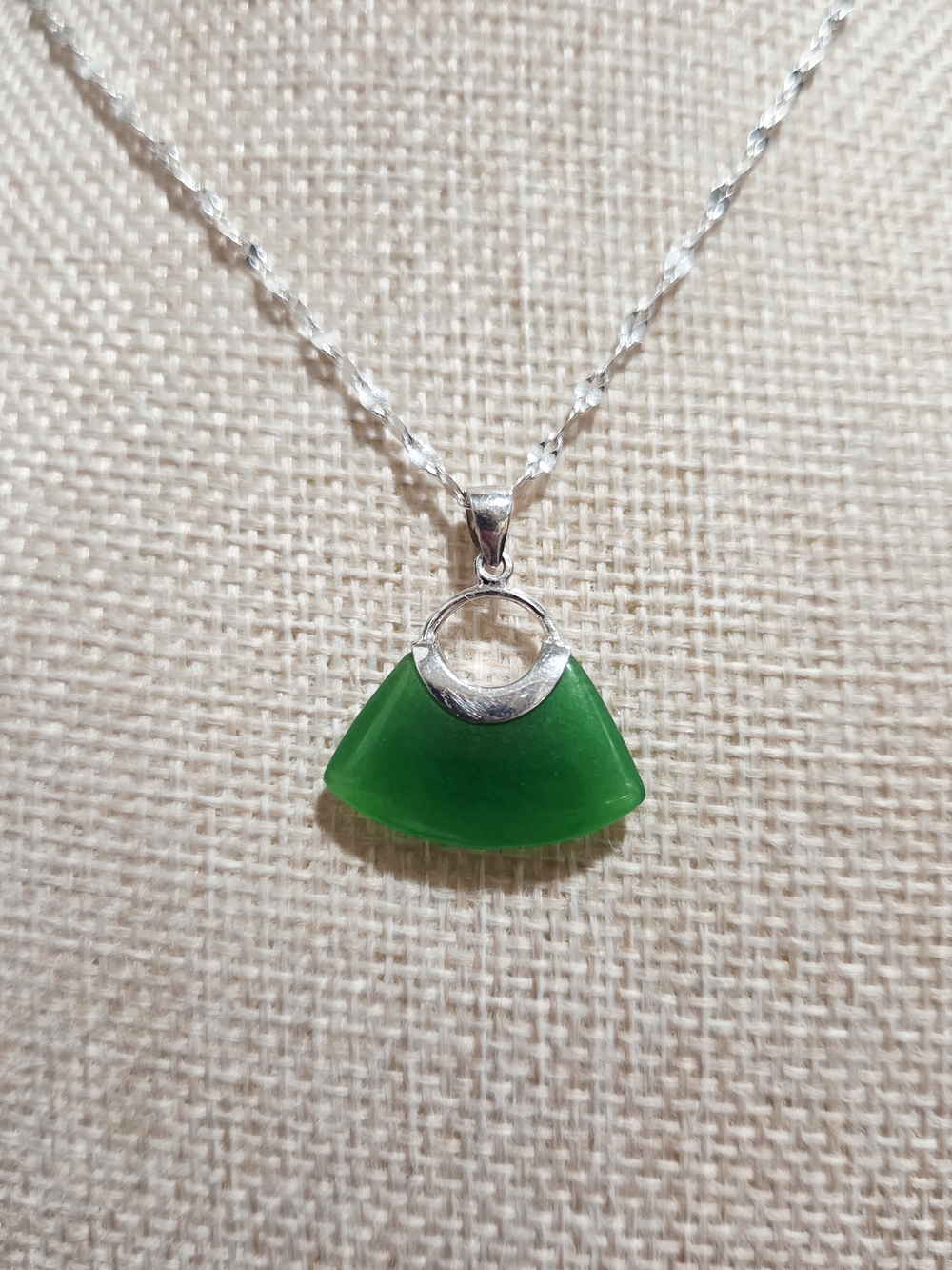 Green Fan-Shaped Jade Pendant Necklace - Silver Accent